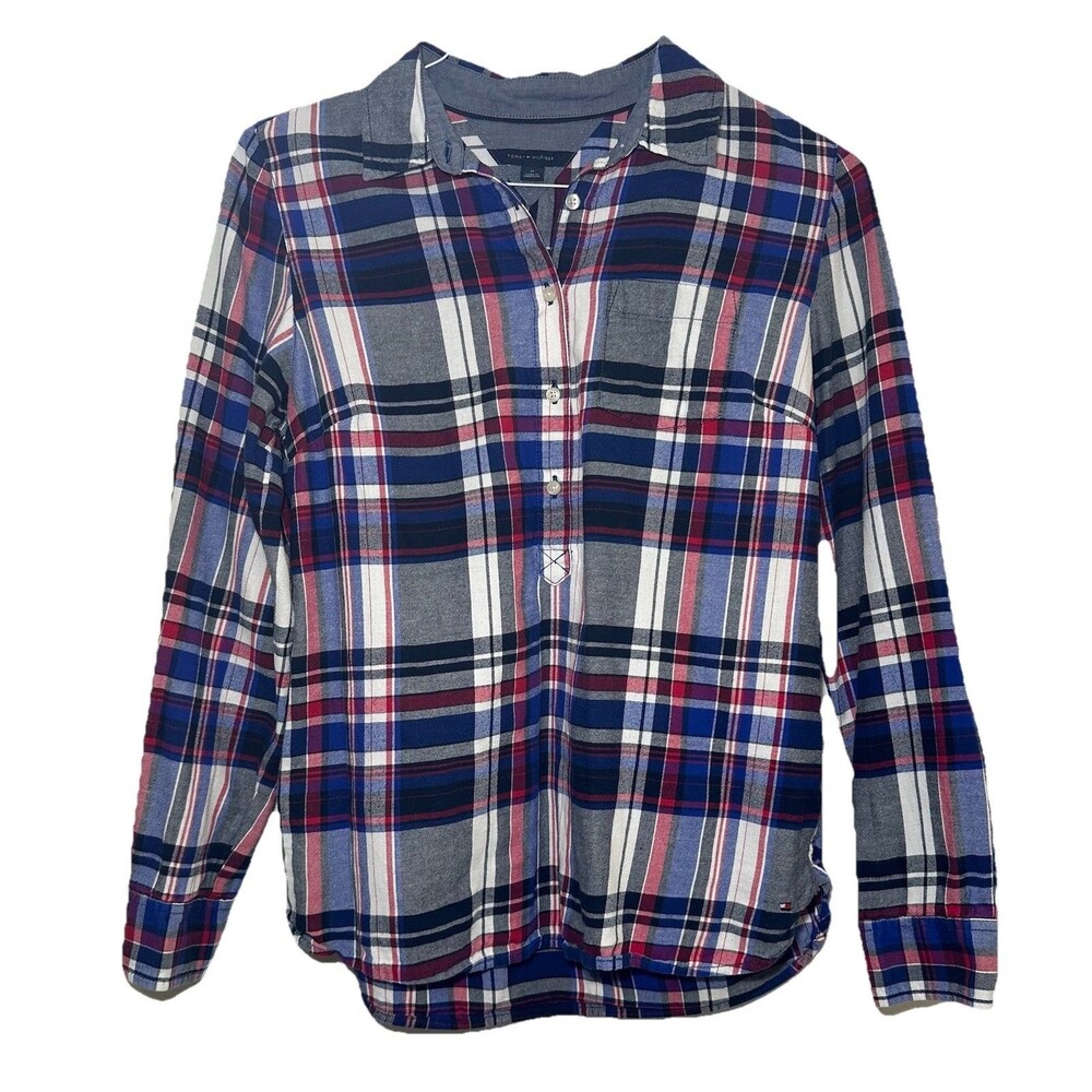 Tommy Hilfiger Plaid Popover Shirt Women’s Medium Blue Pink Gray Long Sleeve